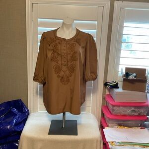 SHEIN Brown Embroidered Blouse with Puff Sleeves
